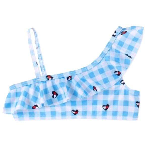 Tommy Hilfiger Girls Gingham Print Ruffle Bikini Swim Top UV Protection Sz S / 7 - Picture 1 of 6